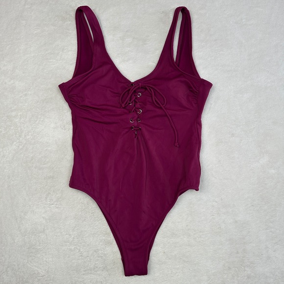 California Waves Other - California Waves Women's  Magenta Ribbed Lace Up Front One Piece Swimsuit Purple